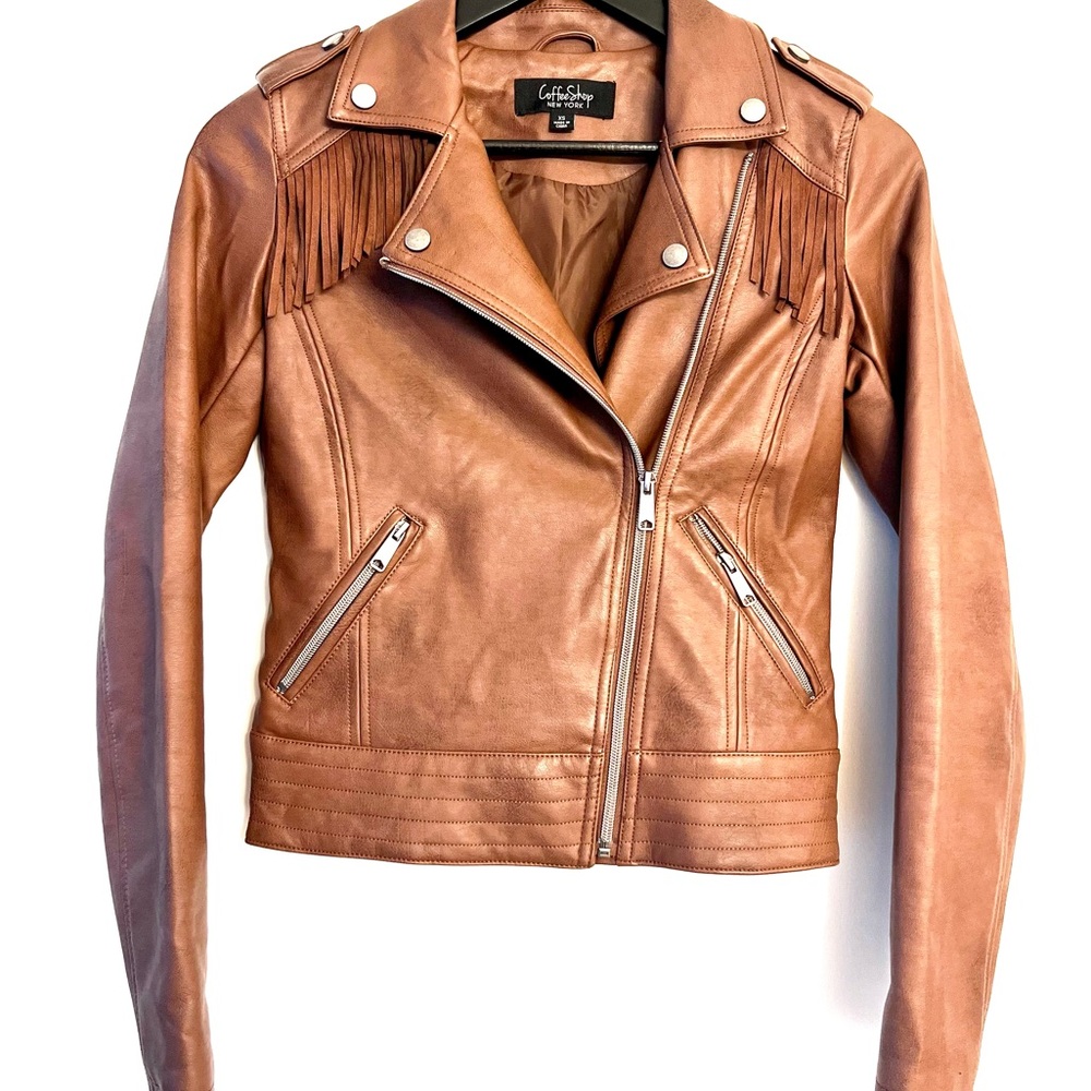 CoffeeShop Women's Brown Faux Leather Jacket with Fringe - Brown -Size XS